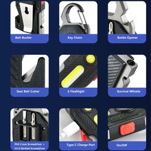 Load image into Gallery viewer, Multifunctional Flashlight 7 In1 Rechargeable Portable Led Sos Light With Bottle Opener Seat Belt Cutter Survival Whistle Screwdriver