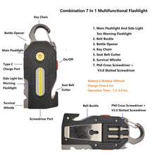 Load image into Gallery viewer, Multifunctional Flashlight 7 In1 Rechargeable Portable Led Sos Light With Bottle Opener Seat Belt Cutter Survival Whistle Screwdriver