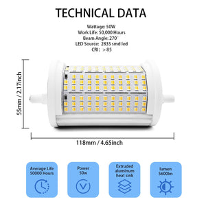 R7S LED Bulb 50W 118mm Floodlight 3CCT Adjustable Color Temperature 3000K/4000K/6000K 5600LM Brightness Halogen Replacement for 300W-500W R7S Bulbs Floor Standing Light