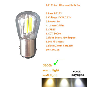 BA15S Led Filiament Bulb 2w Warm White 3000k DC AC 12V Boat Car Light Replacement For Reading Back Up Reverse Brake Tail Lights