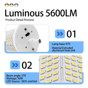 R7S LED Bulb 50W 118mm Floodlight 3CCT Adjustable Color Temperature 3000K/4000K/6000K 5600LM Brightness Halogen Replacement for 300W-500W R7S Bulbs Floor Standing Light
