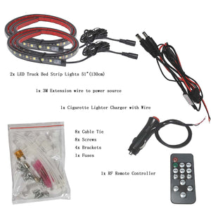 2pcs Led Pickup Bed Light Strip 51 Inch Remote Control Truck Bed Lights White Waterproof Led Strip Light Kit for Trucks Cargo Vans SUV Rv
