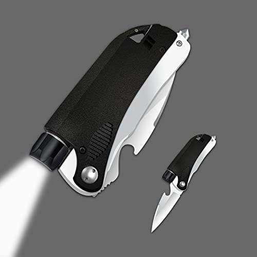 Led Mini Flashlight 6-in-1 Utility Folding Pocket Knife with Bottle Opener Glass Breaker Buckle Whistling Multi-Function Emergency Tool